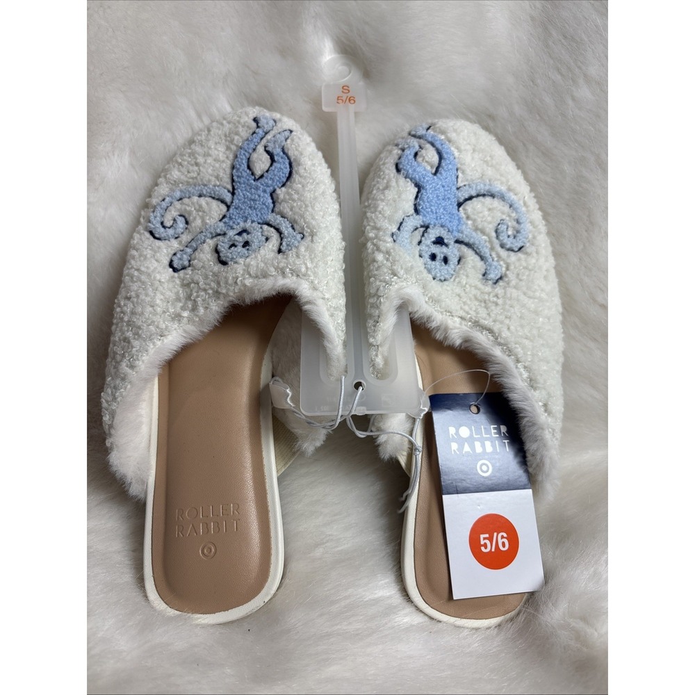 Roller Rabbit Women's Slip-On Slippers White Blue Faux Fur Monkey SIZE 5/6 NEW